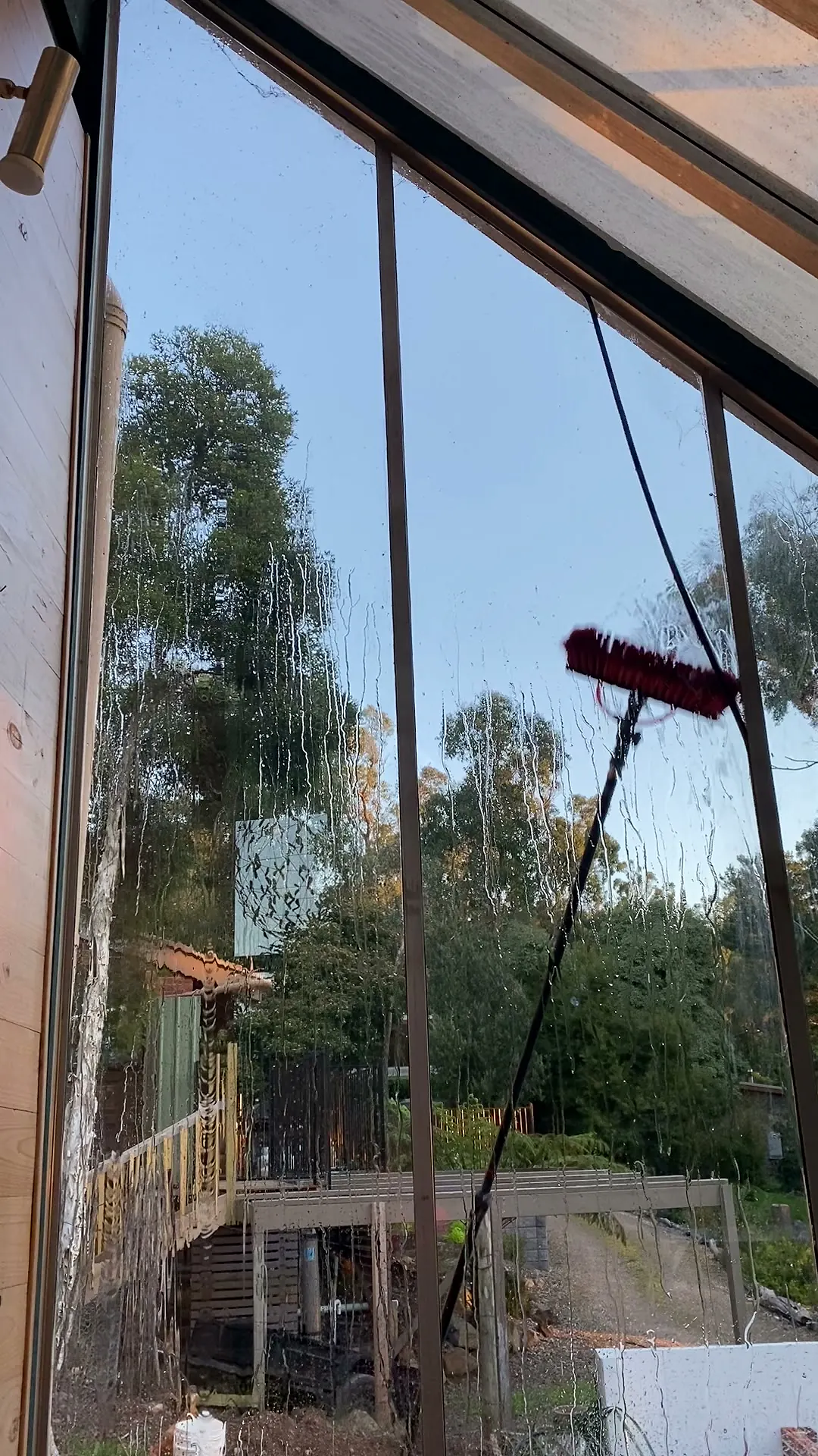 Brush head on a pole working across sloped conservatory glass, bushland visible beyond